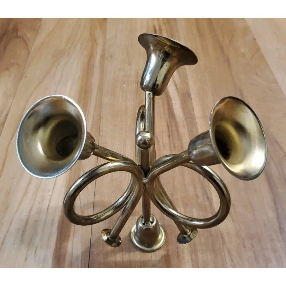 Tripple French Horn Brass‎ Taper Candle Holder Thanksgiving Christmas Holiday